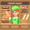 Red-haired girl baker with donuts at the bakery counter