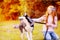 Red-haired girl in jeans plays with a dog of the breed of husky. Autumn walk with a dog