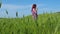 A red-haired girl in a purple dress walks along a path along a field of green grass and spikelets swaying in the wind.