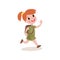 Red-haired girl scout running with cheerful face expression, summer camp activities