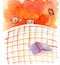 A red-haired girl sleeps covered by a colorful quilt with a book lying on it. In her long fluffy hair are teddy bears.