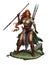 Red-haired girl warrior with a spear on rock.