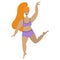 The red-haired lady is dancing. Body positive. Attractive overweight woman in sportswear. Vector illustration. Isolated.