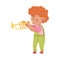 Red Haired Little Boy Playing Trombone Vector Illustration