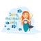 Red-haired long-haired mermaid holds a trident in her hands and smiles. Bright tropical fish swim around her. Text Sorry mermaid o