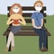 Red haired man and a girl sitting on a bench outdoors.