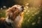 Red-haired Nova Scotia Duck Tolling Retriever in a spring meadow sniffing white flowers