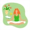 Red-haired smiling girl meditates in lotus position. Woman in sportswear doing yoga at home online. Concept for yoga and pilates