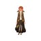Red-haired steampunk woman. Young girl in blouse, jacket and skirt with chains and gears, boots with lacing and vintage