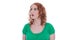 Red-haired woman amazed isolated in Green - View averted
