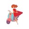 Red-haired woman in a dress rides a moped. Vector illustration on white background.