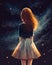 Red-haired young girl in a short skirt is watching the starry sky