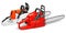 Red hand electric chainsaws on white background