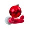 Red hand holding red New Year ball. Christmas and New Year Day event concept. Concept of sale event. 3d rendering