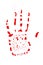 Red hand print on white. Concept of danger, the holiday of Halloween. Bloody red trail of hand