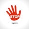 Red hand sign STOP. Coronavirus. COVID-19. Warning inscription biological hazard risk logo symbol. Vector information banner.