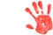 Red handprint on a white background