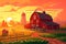 Red hangar at the farmers field to the mill on agricultural land, natural landscape with green field and posevochnym the sunset wi