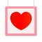 Red hanging heart in pink frame for valentine cards, design love stories, health illustrations.