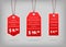 Red hanging pricing tags or labels with white