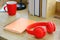 Red head phone on table after used  work at home