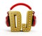 Red headphones on gold DJ word