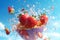 red healthy background splash water strawberry food fresh fruit freshness blue. Generative AI.