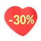 Red heart 30 percent Valentine`s Day discount sale promotion. 30% discount in red heart isolated on white background. Love discoun