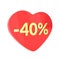 Red heart 40 percent Valentine`s Day discount sale promotion. 40% discount in red heart isolated on white background. Love discoun