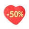 Red heart 50 percent Valentine`s Day discount sale promotion. 40% discount in red heart isolated on white background. Love discoun