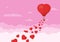 Red heart air balloons flying in the pink sky with clouds. Saint Valentine`s day greeting card. Hot air balloon shape of