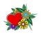 Red Heart Arranged with Flowers as Old School Badge Vector Illustration