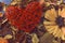 Red heart on a background of dried flowers. Valentine`s day or wedding.