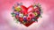 Red heart ballon and flowers in a pink background