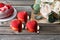 Red heart cacke desserts and buttercups on wooden background. dessert for breakfast on Valentine`s Day