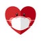 Red heart cartoon wearing medical face mask. Love in covid19 Coronavirus quarantine pandemic times.