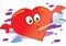 Red heart character caught an arrow with his mouth and she went through it, isolated object on a white background, vector