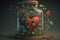 Red Heart closed in a glass jar. Wrapped in ivy that tries to suffocate love. Love background illustration.