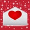 Red Heart on envelope with snow on red background