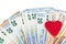 Red heart with Euro. euro banknotes. love and money