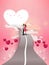 Red heart flower on pink background with couple kissing on road