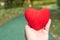 Red heart in hand on the green walking path backgrounds with copy space