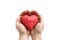 Red heart with imprinted home word in man`s hands.