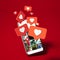 Red heart Like symbols on mobile phone screen. Social media concept. Dating and meeting app, 3d rendering