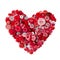 Red heart made with many buttons on a white background.