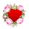 Red heart in the middle of the image. Blooming flowers garland around text place isolated over white background.