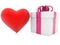 Red heart near gift box with pink bow