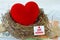 Red heart in nest with paper note with the words Life Insurance on euro money background - Life insurance concept