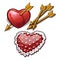 Red heart is permeated with the Golden arrow. Needle cushion in the shape of a heart with the texture of rubies. A