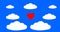 A red heart pulsates against a background of blue sky and white clouds.